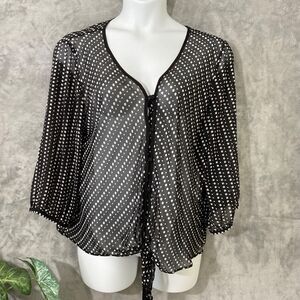 CHICO'S women 3 -XL black white Polka Dot sheer tie front poly blouse button up